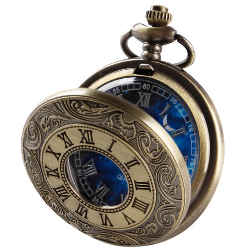Bild von Elegante Vintage Taschenuhr mit Blauem Zifferblatt – Antikes Design, Quarz-Uhrwerk, Halskette-Anhänger für Herren und Damen als exquisites Weihnachtsgeschenk
