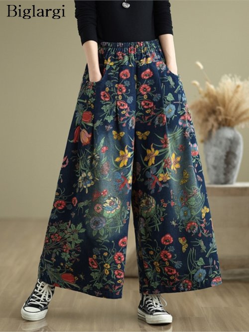 Immagine di Jeans con stampa floreale a fiori Pantaloni a gamba larga autunnali Pantaloni oversize da donna alla moda larghi Pantaloni in denim da donna in vita elastica