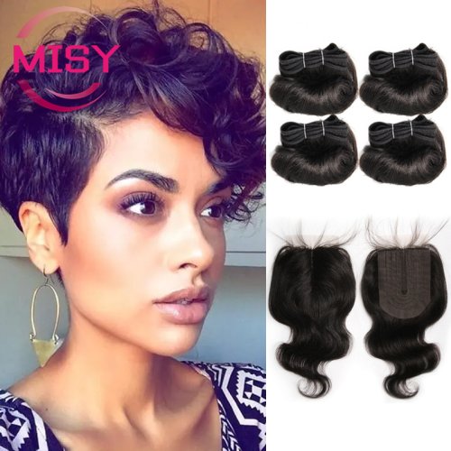 Afbeelding van Natuurlijke Kort Krullend Menselijk Haar Bundels met Sluiting – Braziliaans Nieuwste Model 4x1 Deel Sluiting, Niet Remy Human Hair