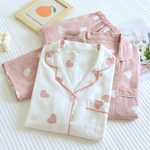 Image of Cozy 100% Cotton Women's Spring and Autumn Pajama Set - Long Sleeve Top and Pants, Sweet Love Design for Comfortable Home Wear