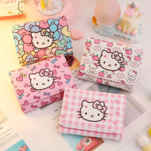 Cartera Portátil de Dibujos Animados Japoneses para Mujer: Monedero Corto Pequeño y Fresco con Forma de Corazón Plegable de Princesa Hello Kitty