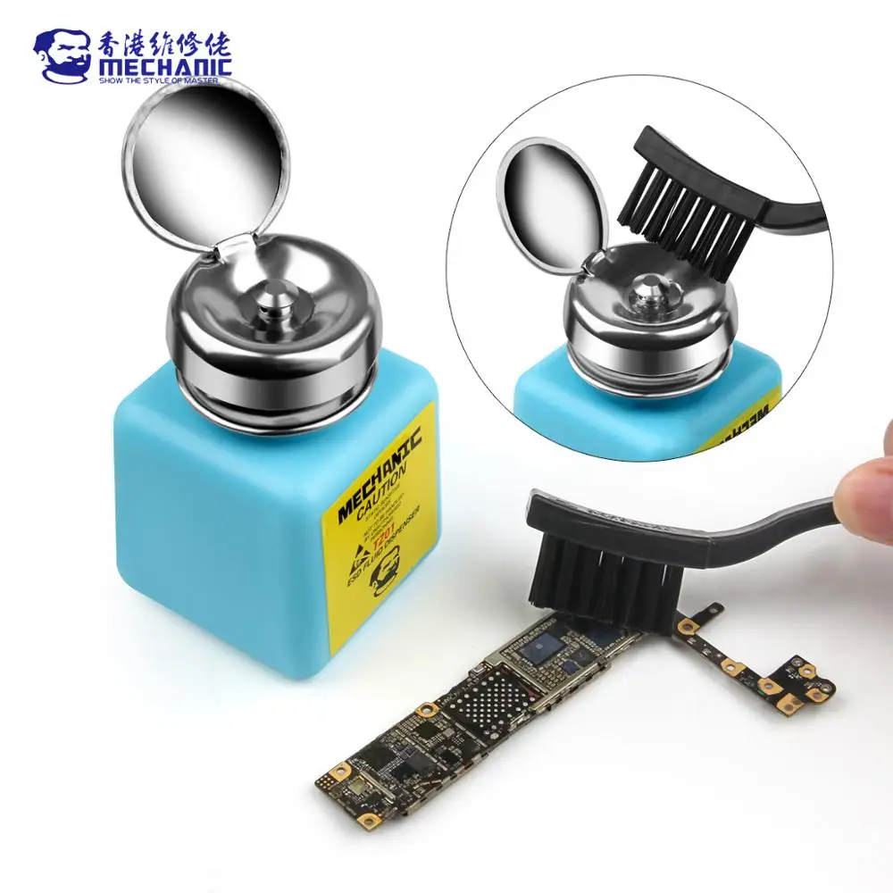 Imagen de Botella de Alcohol Líquido 180ml con Tapa de Metal y Dispensador de Prensa - Ideal para Limpieza de Placas Base PCB y Componentes Electrónicos