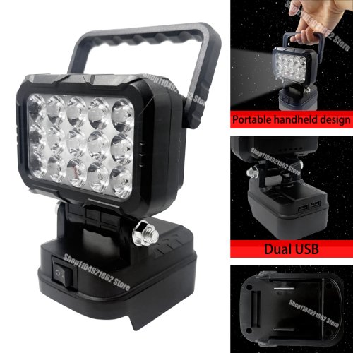 Zdjęcie Zestaw akcesoriów do narzędzi elektrycznych Makita 18V – bateria litowa, lampa robocza z 15 LED, latarnia ręczna, lampa kempingowa, reflektor, ładowarka USB i power bank