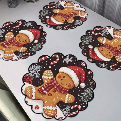 Bild von 4PCS Weihnachten Kreisförmige Wellen Tischsets Rutschfeste Hitzebeständige Tischsets Winter Esszimmer Party Weihnachten Dekor Runde Tischdecke