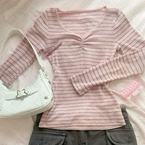 Afbeelding van Stijlvolle Retro Y2K Gebreide Crop Top voor Dames – Lange Mouwen, Gestreept, Chic & Sexy Harajuku Gothic Punk Streetwear