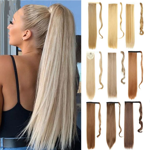 Bild von 22 Zoll synthetische lange gerade Pferdeschwanz-Haarverlängerung zum Umwickeln, Clip-in-Pferdeschwanz-Haar, hitzebeständiges Pferdeschwanz-Haarteil, blond