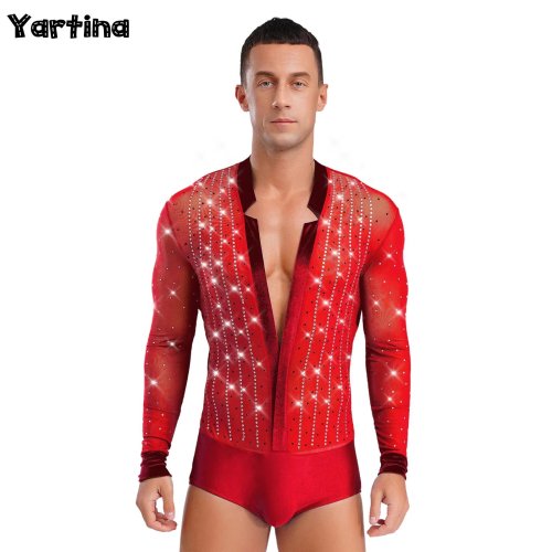Image of Mens Gymnastics Figure Skating Latin Ballroom Chacha Dance Leotard Costume Shiny Rhinestones Tango Rumba Dance Bodysuit Shirts