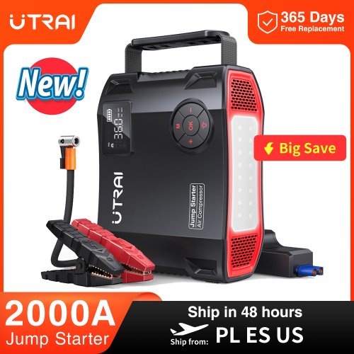 Imagen de Arrancador de Batería 4 en 1 con Banco de Energía 16000mAh, Compresor de Aire 150 PSI, Bomba de Neumáticos y Cargador Portátil para Coches - Utrai 2000A