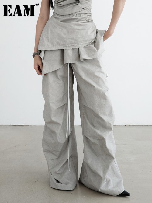 Imagen de Pantalones de Pierna Ancha Larga con Pliegues y Volantes en Gris, Cintura Alta con Cordón, Moda Mujer Primavera-Otoño 2026