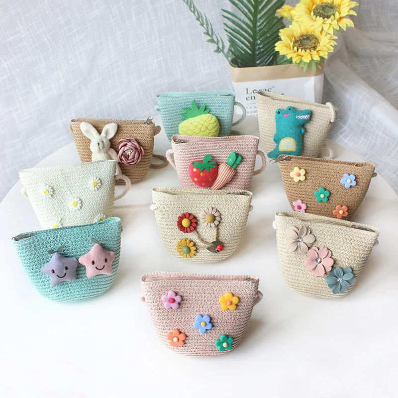 Image of Summer Children's Straw Woven Messenger Bag Lovely Girls Small Coin Purse Handbags Baby Kids Mini Shoulder Bags Princess Wallet
