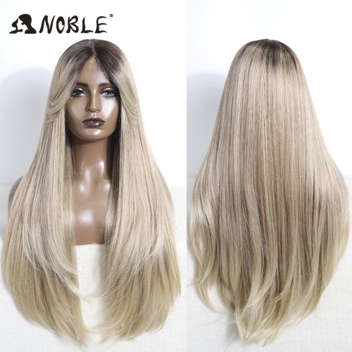 Image of Natural Looking Ombre Blonde Synthetic Lace Front Wig with Bangs - Heat Resistant Straight Part Wig for Women