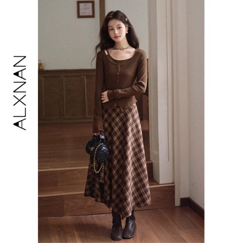 Imagen de Suéter de Otoño para Mujer con Cuello Falso de Dos Capas y Doblado Asimétrico, Jersey de Punto Vintage Marrón Elegante 2025
