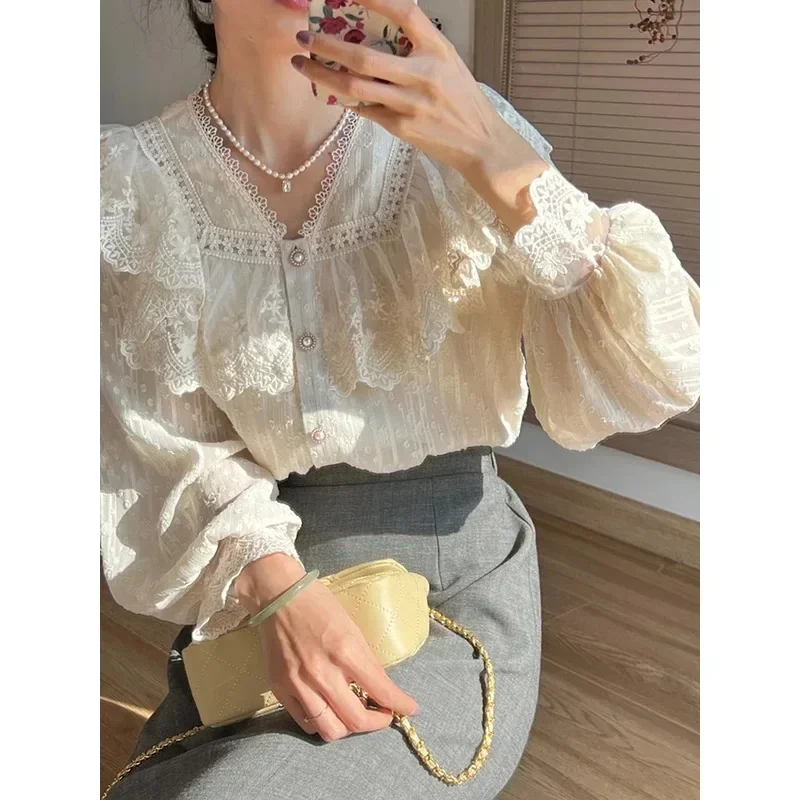 Zdjęcie Elegancka bluzka damska w stylu vintage, z koronką i falbankami, długie rękawy, moda lolita, wysokiej jakości koszula damsko-biurowa, nowa kolekcja