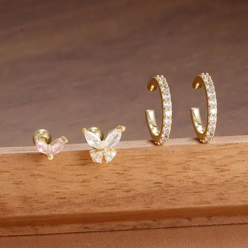 Image de Boucles d'oreilles Huggie Zircon & Acier Inoxydable - Lot de 4