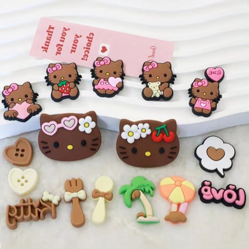 Image of Adorable Brown Cat Summer Sandal Clog Charms with Hawaiian Theme – Hello Kitty-Inspired Shoe Decorations for Kids, Perfect Holiday Gift for Boys and Girls