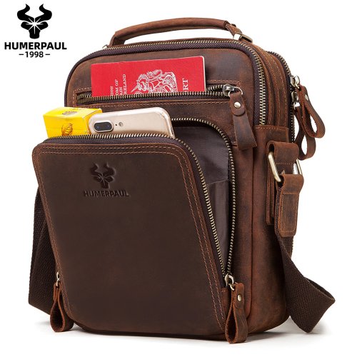 Bild von Humerpaul Echtes Leder Herren Schultertasche Vintage Kreuztasche mit Großer Kapazität – Männliche Messenger Tote Tasche für Reisen und Alltag