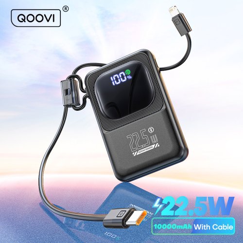Qoovi Powerbank Ultradunne 10000mAh met Ingebouwde Kabel - 22,5W Snel Opladen, Draagbare Externe Batterij voor Samsung Galaxy S23, Xiaomi en iPhone
