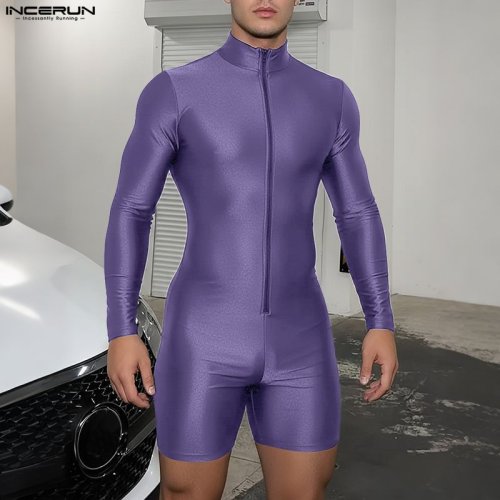 Immagine di INCERUN Tute da uomo Tinta unita Skinny Cerniera Manica lunga Pagliaccetti maschili Tute da allenamento Moda Casual Tuta da uomo S-3XL
