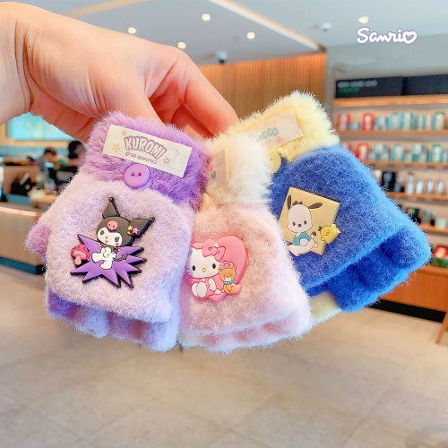 Zdjęcie Ciepłe Pluszowe Rękawiczki Dziecięce Sanrio My Melody i Kuromi z Klapką – Zimowe Ocieplane Rękawiczki dla Dzieci, Idealne Prezenty Świąteczne