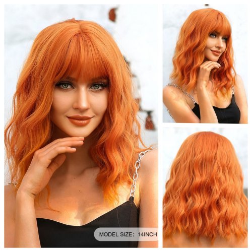 Image of Short Copper Ginger Synthetic Natural Wavy Wigs Hair Orange Halloween Bob Wig with Bangs Heat Resistant for Women Cosplay Wig