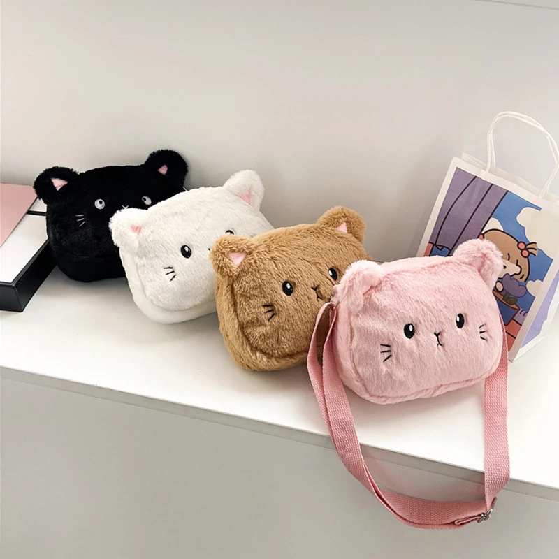 Afbeelding van Leuke Cartoon Kat Baby Meisjes Crossbody Tas – Zachte Pluche Kinderschoudertas met Harige Design voor Wintermode
