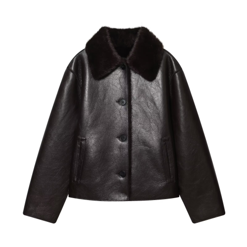 Image of Women's Reversible Faux Leather Jacket 2025 Autumn Winter – Dark Brown Long Sleeve Stylish Outerwear with Unique Design