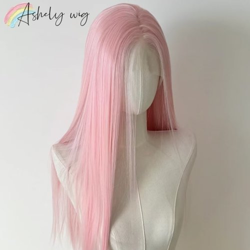 Bild von Hellrosa Perücke für Frauen, 13 x 4 Lace-Front-Perücke, 66 cm lange, gerade synthetische Perücken, weiche, natürliche, hitzebeständige Faser, Cosplay-Perücke