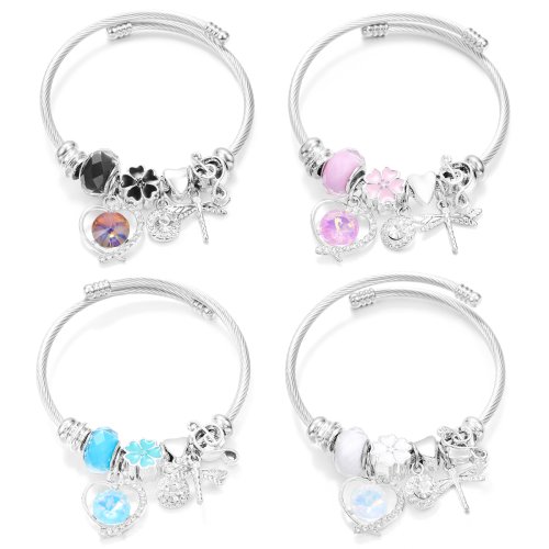 Image of Elegant Dragonfly Crystal Beaded Pendant Bracelet with Rhinestone Accents - Stainless Steel Bangle for Women in 4 Colors
