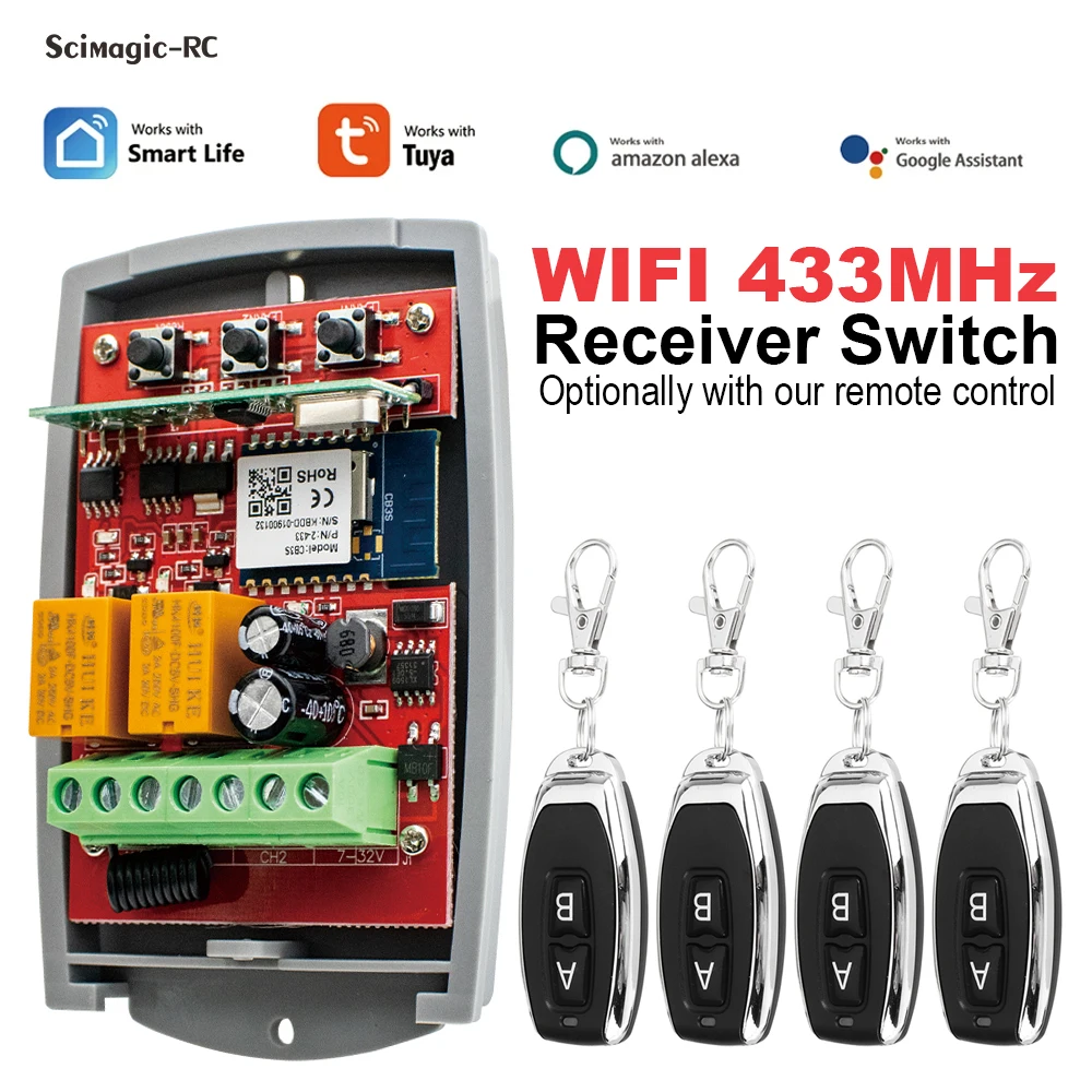 Image of Tuya Universal Smart WiFi Receiver 2-Channel 12V/24V/220V Garage Door Remote Control Opener with 433.92MHz Transmitter for Automated Access Control