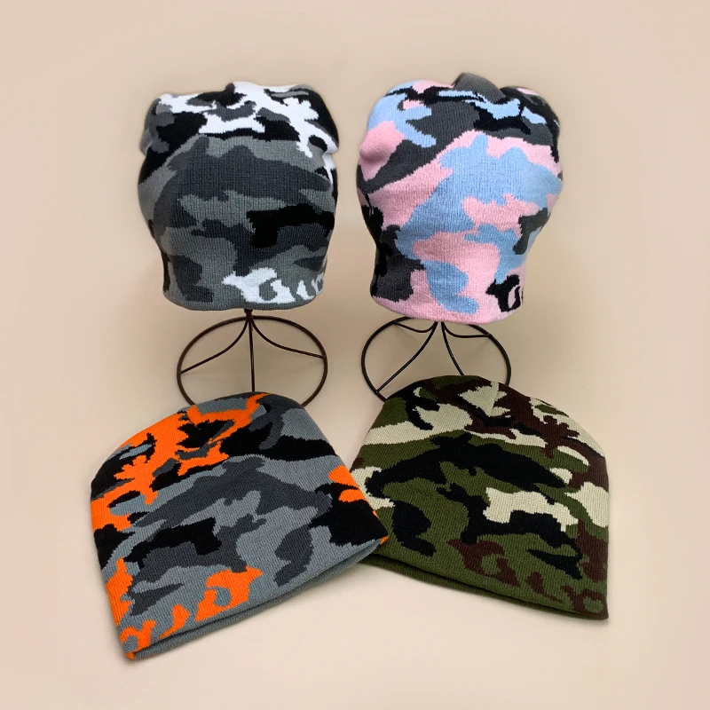 Imagen de Gorros de Punto de Camuflaje Europeo en Bloque de Color para Otoño e Invierno, Gorras Retro Cálidas de Hip Hop, Moda Urbana Versátil para Exteriores