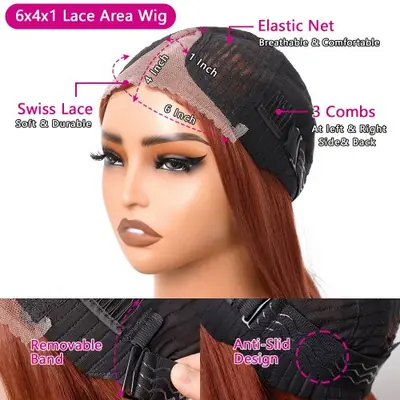 Image de Perruque Lace Front Synthétique Rouge Cuivré - Coupe Superposée Sans Colle