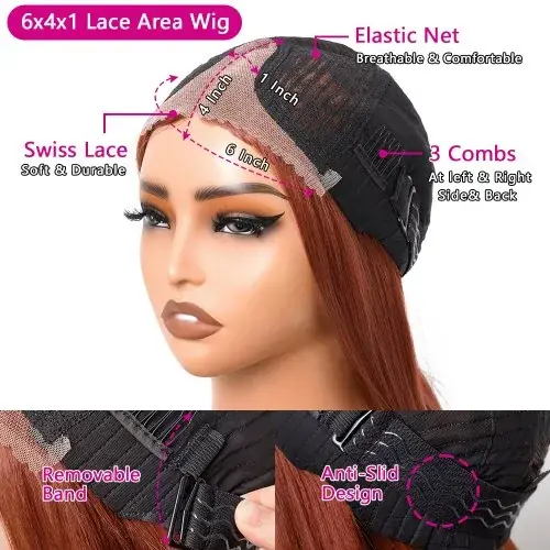 Image de Perruque Lace Front Synthétique Rouge Cuivré - Coupe Superposée Sans Colle