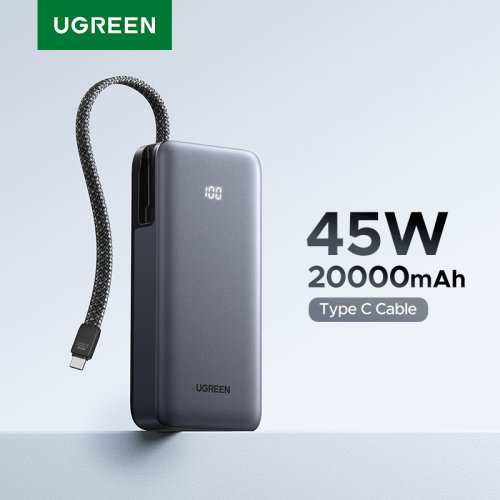 Afbeelding van UGREEN 45W Power Bank met Ingebouwde USB-C Kabel – 20000mAh voor Snel Opladen