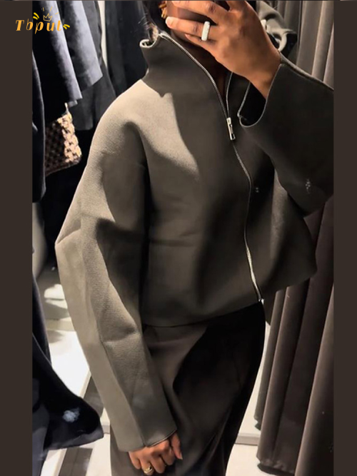 Image of Women Casual Solid Knitted Coat Stand Collar Full Sleeve Zipper Loose Cropped Coats 2025 Female Daily Commute Fashion Outerwear