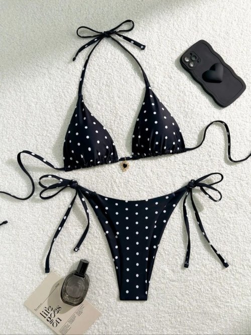 Elegancki dwuczęściowy strój kąpielowy damski w czarno-białe kropki – styl amerykański, seksowny bikini plażowe