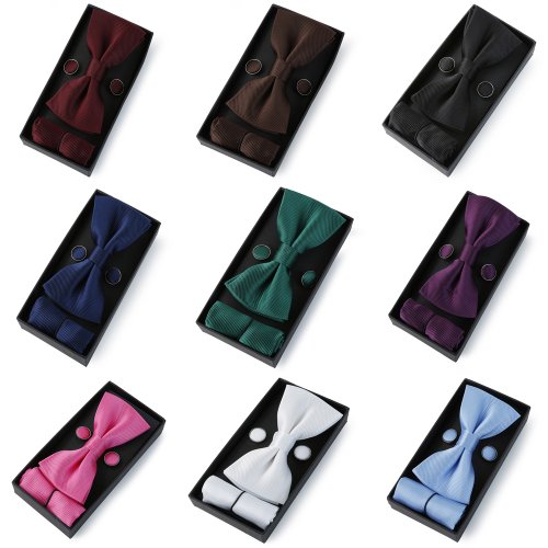 Image of Classic Black Bow Tie Set for Men – Butterfly Bowknot, Pocket Square & Cufflinks in Elegant Gift Box