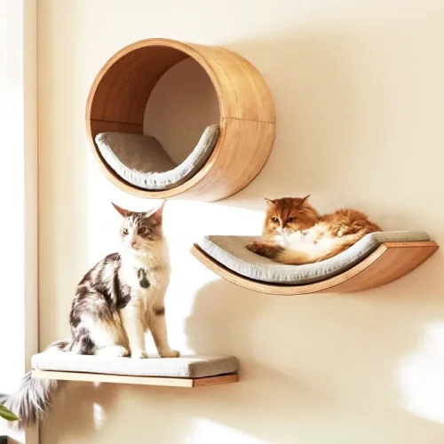 Imagen de Estantes de escalada de madera para gatos, árbol para gatos montado en la pared, poste rascador de Sisal, hamaca con Pedal, parque infantil para gatos, accesorios para gatos