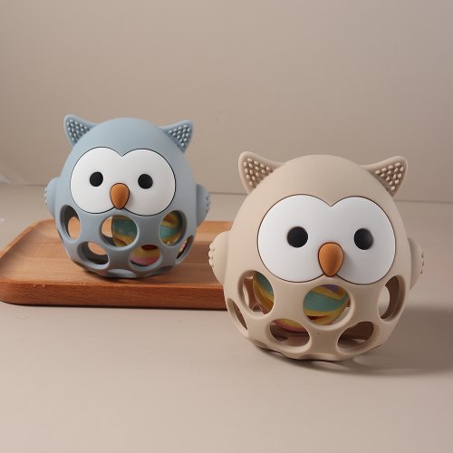 Image of Natural Silicone Owl-Shaped Teether for Babies – Soft, Safe, Sensory Chew Toy with Bell Sound for Teething Relief