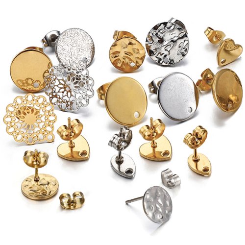 Image of Gold Color Stainless Steel Blank Earring Studs with Base Pins and Ear Backs – 10-Piece DIY Jewelry Making Kit