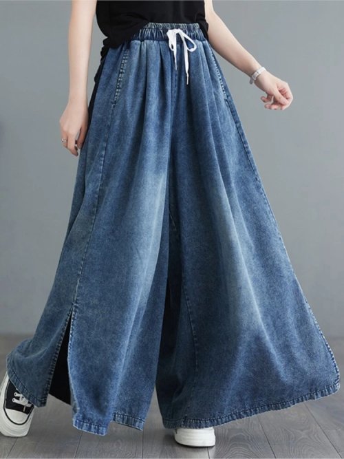 Imagen de Pantalones Vaqueros de Talla Grande para Mujer, Estilo Primavera-Verano, Pierna Ancha Holgada con Pliegues y Cintura Alta Elástica