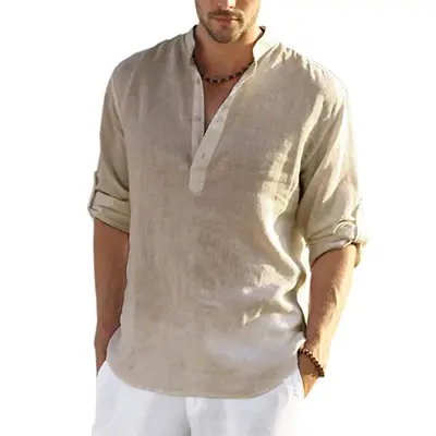 Image de Chemise Homme Coton Lin Col Montant - Style Plage Été