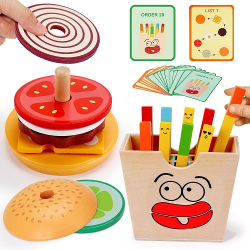 Imagen de Juguete Montessori para niños pequeños, sándwich de hamburguesa de madera, patatas fritas, clasificación de juguetes apilables, juego de simulación de comida, juegos de rol para chico