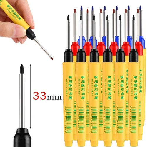 Afbeelding van 6-delig set van 33 mm rode, blauwe en zwarte lange kop markeringpen voor houtbewerking, decoratie en diepe gaten – waterdichte multifunctionele merkpen