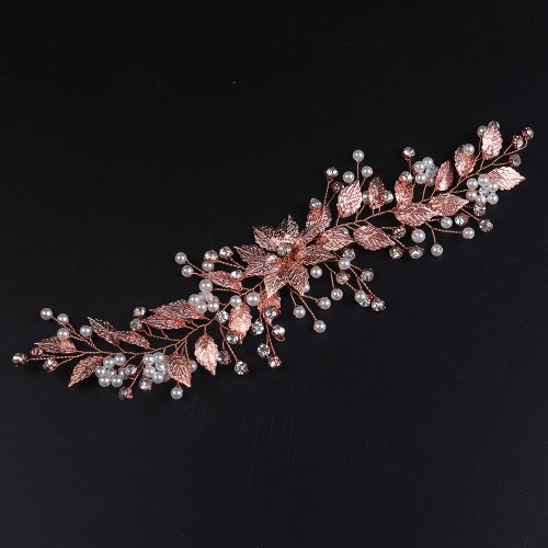 Immagine di Fascia per Capelli da Sposa con Foglie d'Oro e Perle di Cristallo, Ornamento con Strass e Decorazioni Floreali - Elegante Copricapo per Matrimonio