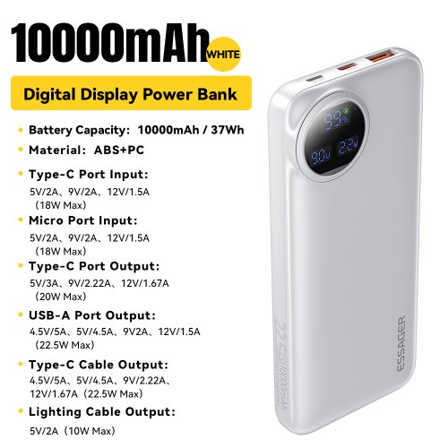 Zdjęcie Essager 20000 mAh Przenośny powerbank z 2 kablami 22,5 W Cyfrowy wyświetlacz Powerbank do iPhone'a 15 14 Samsung Huawei Power Bank