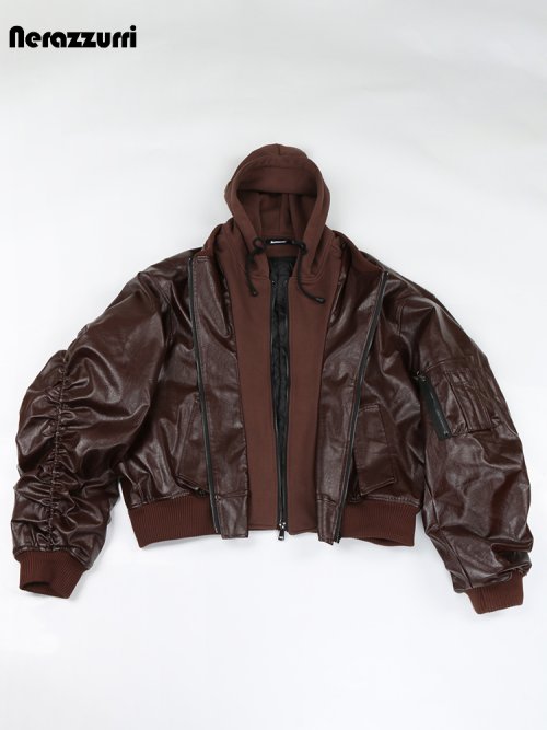 Image of Men's Oversized Brown Leather Jacket with Hood – Warm, Thickened, Stylish Winter Coat for European Fashion