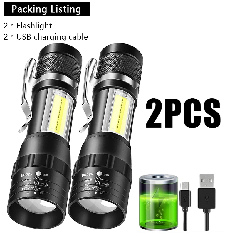 Afbeelding van USB-oplaadbare Mini Zaklamp met COB/XPE LED, Draagbaar met Ingebouwde Batterij, Zoombare Lichtstraal, 3 Verlichtingsmodi – Ideaal voor Camping en Noodgevallen