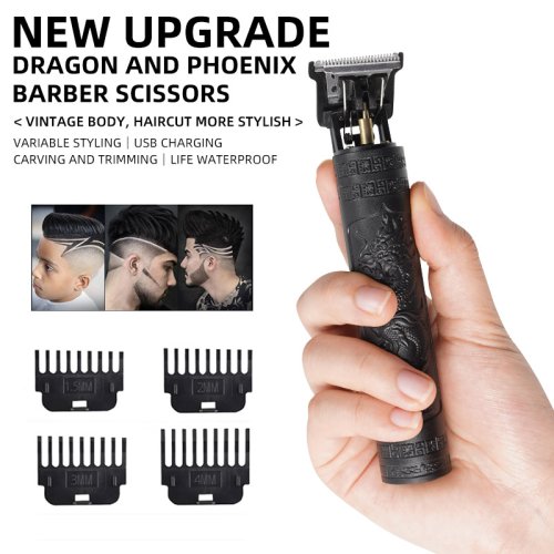 Imagen de Maquinilla de afeitar de corte de pelo para hombres, afeitadora recargable, maquinilla eléctrica Vintage para adultos, maquinilla de afeitar para el hogar, carga USB, barbería, dragón negro