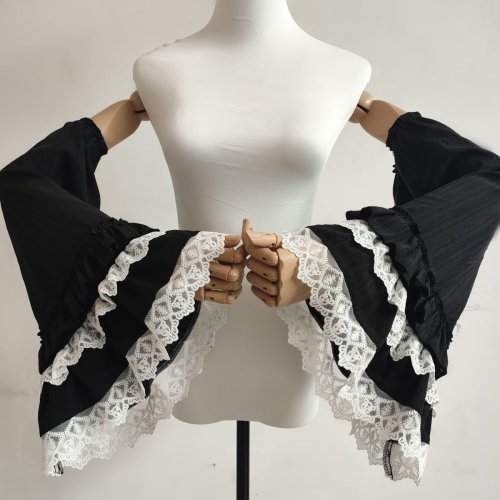Image of Elegant White and Black Lace Long Gloves with Ruffle Flared Sleeves – Vintage Lolita Cosplay & Wedding Accessory
