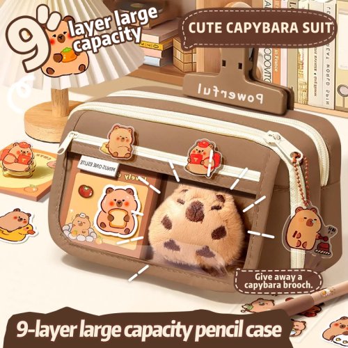 Image of Adorable Capybara-Themed 8-Piece Pencil Box Set with Large Capacity Multi-Layer Canvas Storage Bag for Organized Stationery and Daily Essentials